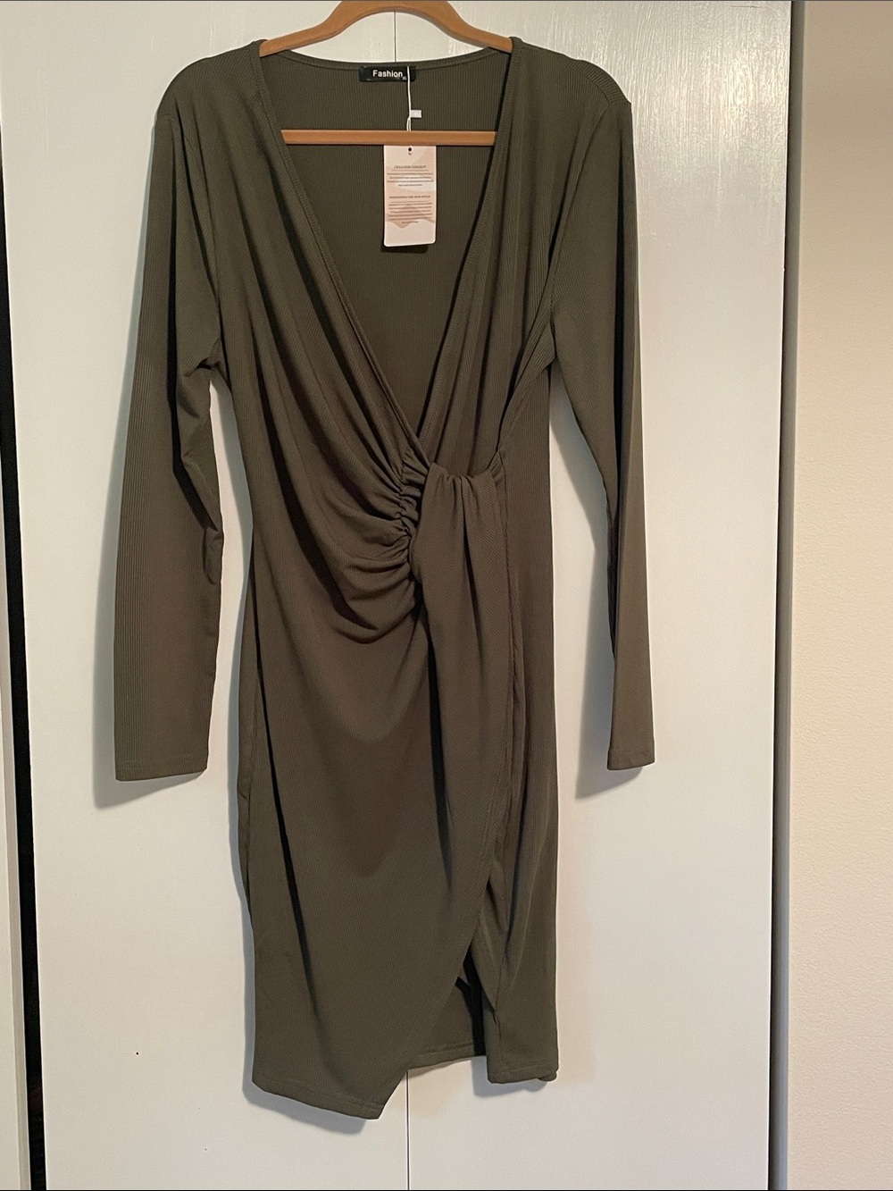 Olive Green Long Sleeve Ruched Wrap Dress Size XL